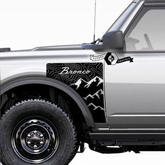 Pair Ford Bronco Vintage Logo Mountains Topographic Map Everglades Style Side Panel Vinyl Decal Sticker Graphics Kit