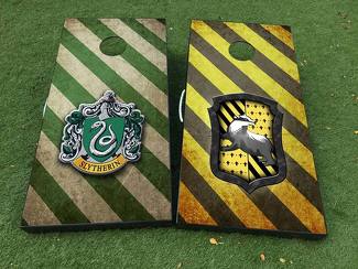 2 houses of Hogwarts on your choice Gryffindor Ravenclaw Hufflepuff Slytherin Cornhole Board Game Decal VINYL WRAPS with LAMINATED 1