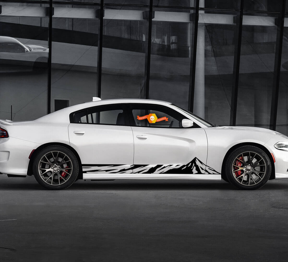 2 Side Curved Topographic Lines Mountain Rocker Panel Side Vinyl Decals Graphics Sticker for Dodge Charger