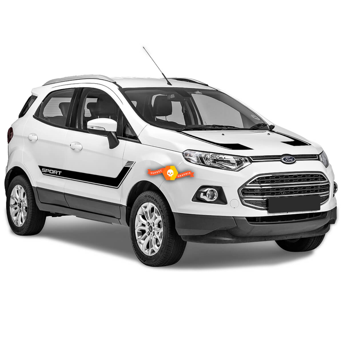 2013-2021 Ford EcoSport Side Door Decal FLYOUT and Hood Vinyl Stripe Graphic Kit