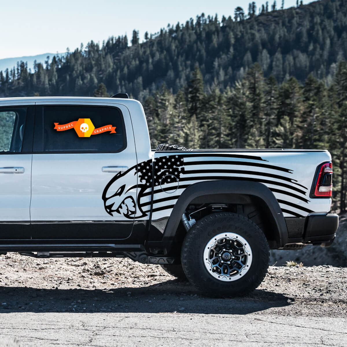 Pair Dodge TRX 2021+ Door Bed USA Flag Hellcat side stripe Grunge Truck Vinyl Decal Graphic