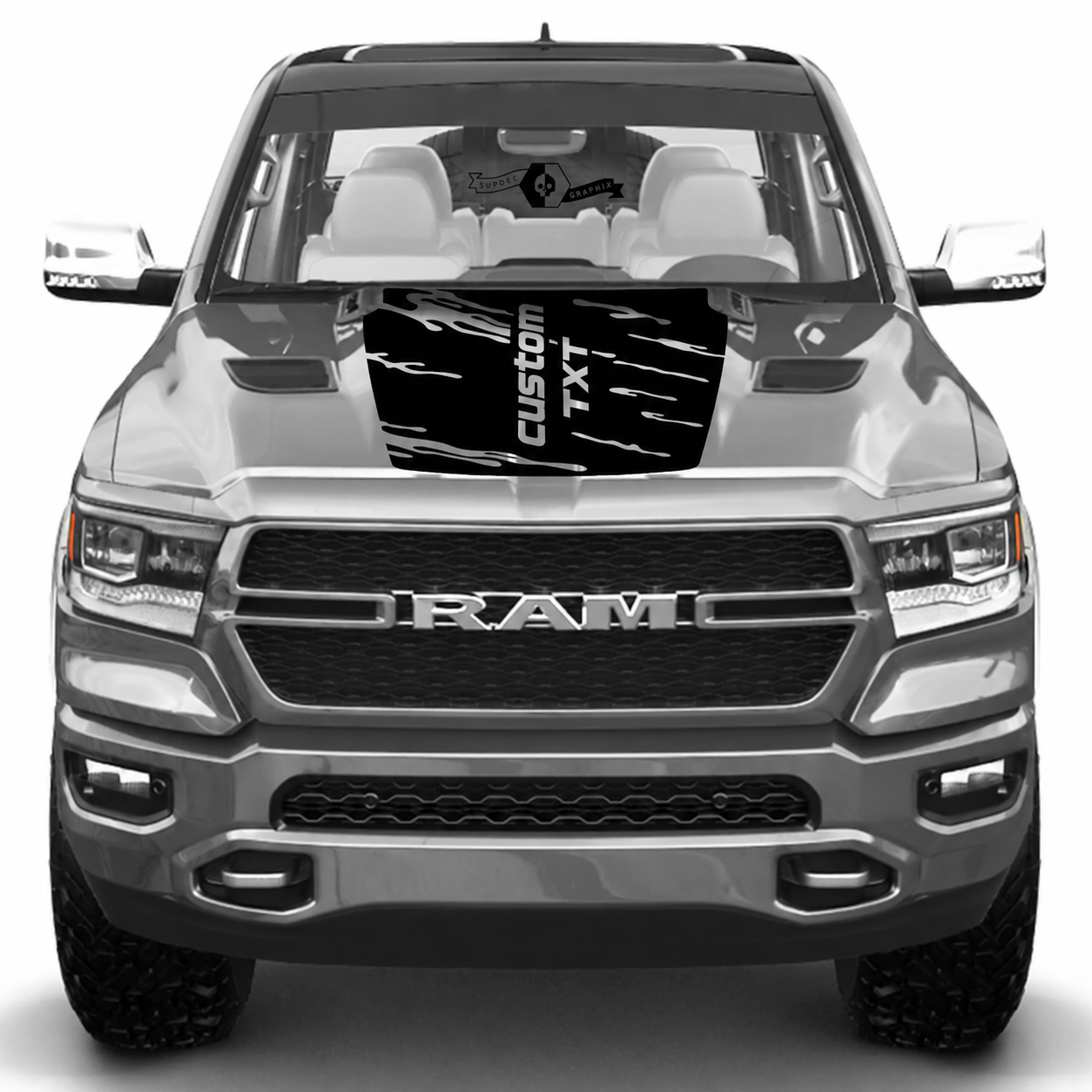 custom TXT Destroyed Blackout Hood Vinyl Decal for Dodge Ram — TRX Style