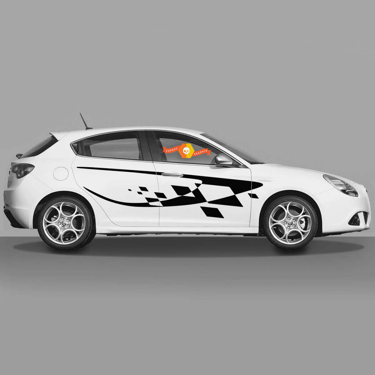 Pair Vinyl Decals checkered flag doors side stickers side Alfa Romeo Modern style 2022