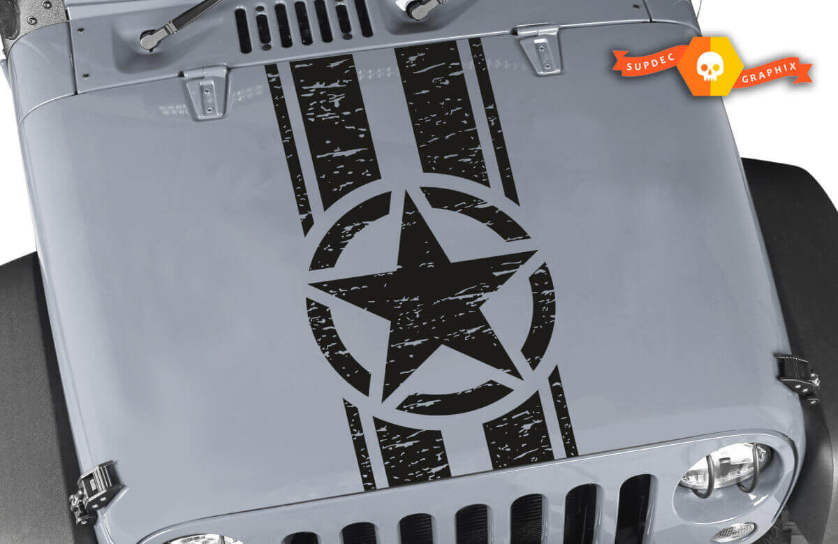 Distressed Military Star Hood Stripes Vinyl Decal for Jeep Wrangler