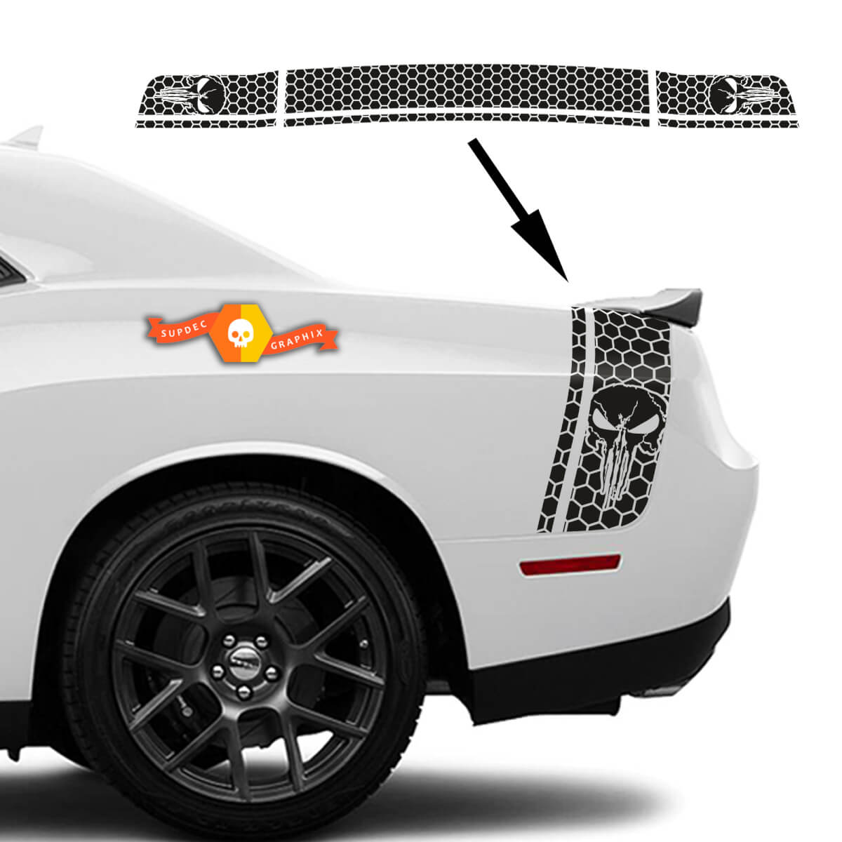 Dodge Challenger side and tail band Scat Pack Honeycomb Punisher Skull Decal Sticker graphics 