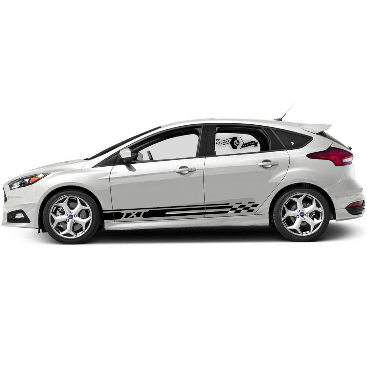 TXT Checkered Tail Side and Rocker Stripes Vinyl Decal Pair for Ford Focus ST