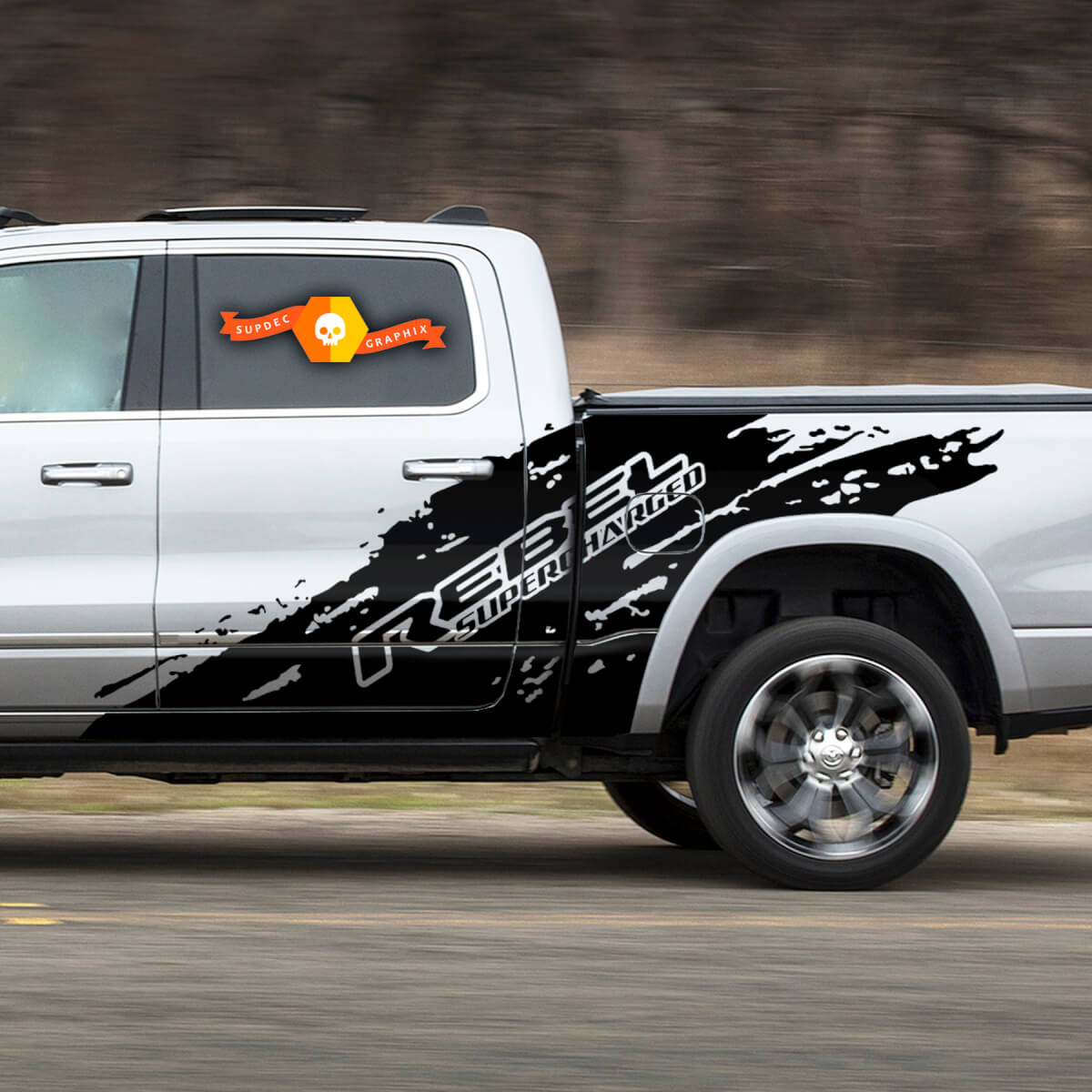 Pair Dodge Ram Rebel 2021+ Splash Grunge Rebel Supercharged Truck Vinyl Decal bed Graphic