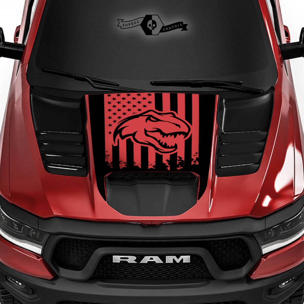 T-Rex Hood USA Flag Destroyed TRX Truck Vinyl Sticker Decal Graphic for Dodge Ram Rebel 1500 TRX