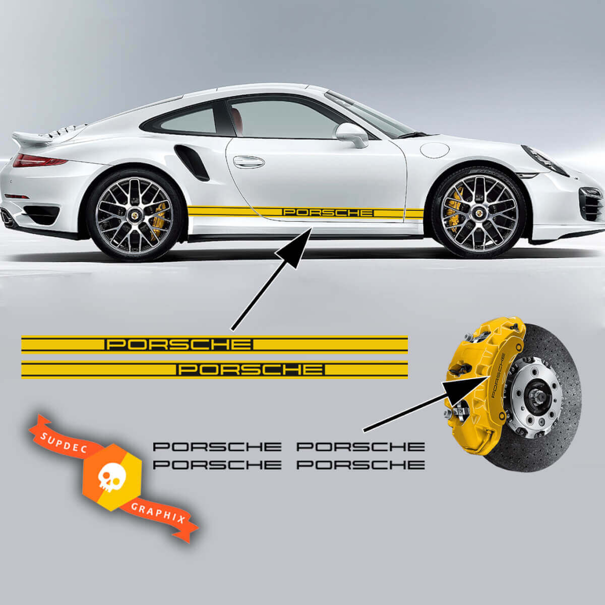 Pair Porsche 911 996 Carrera turbo 2 Colors Side Stripes Decals + 4 brake calipers Decals Vinyl Stickers Decals