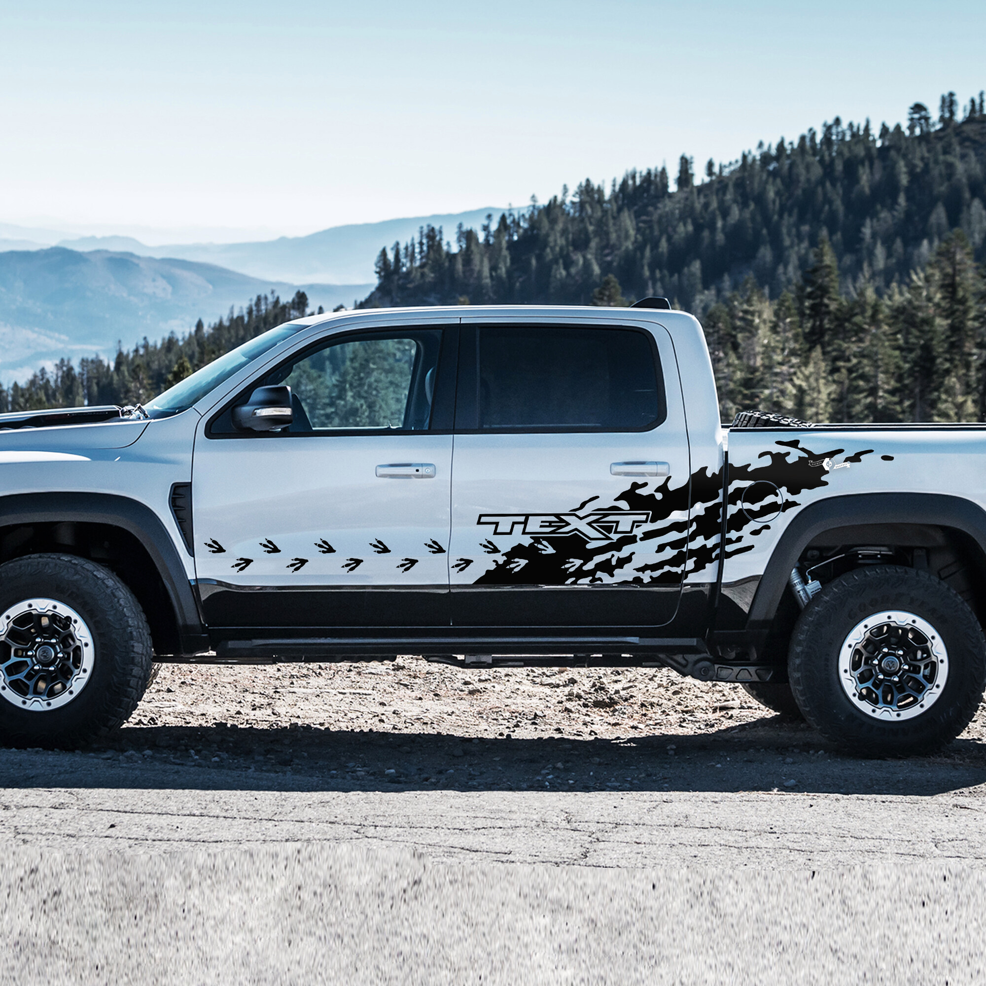 T-Rex Footprints Splash Custom Text Side Bedside Door Vinyl Decal Sticker for RAM 1500 Rebel, TRX 2019-2026
