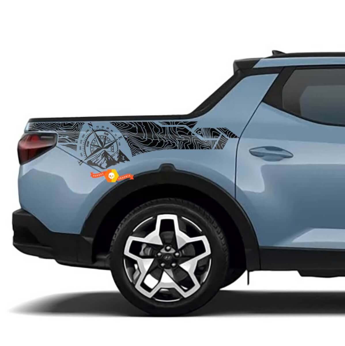 2x Topographic Map edition BedSide Side Vinyl Stickers Decal fit to Hyundai Santa Cruz
