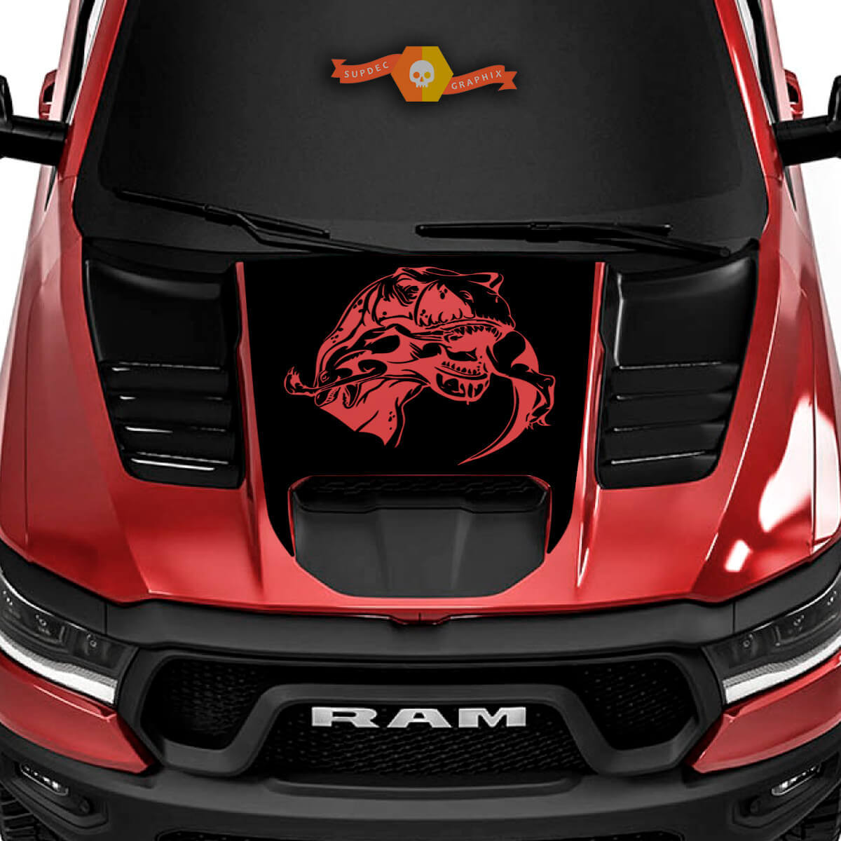 T-Rex Eating Raptor Hood Vinyl Decal for Ram 1500 TRX