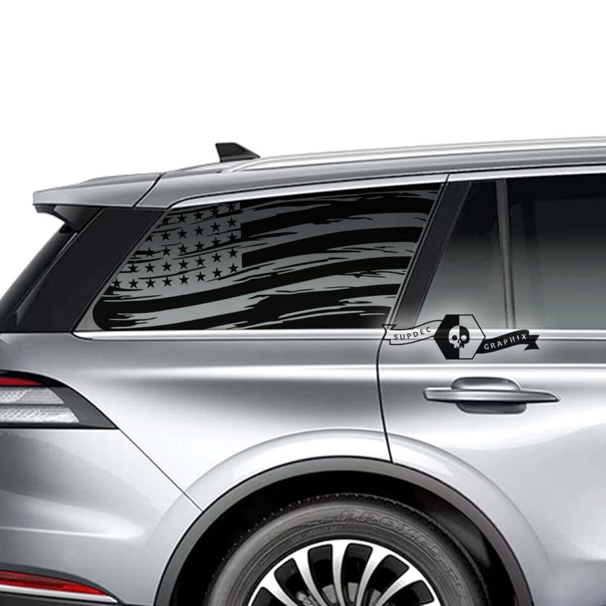 2 x Lincoln 2023 Aviator Window US Flag Destroyed Vinyl Decals Graphics Sticker