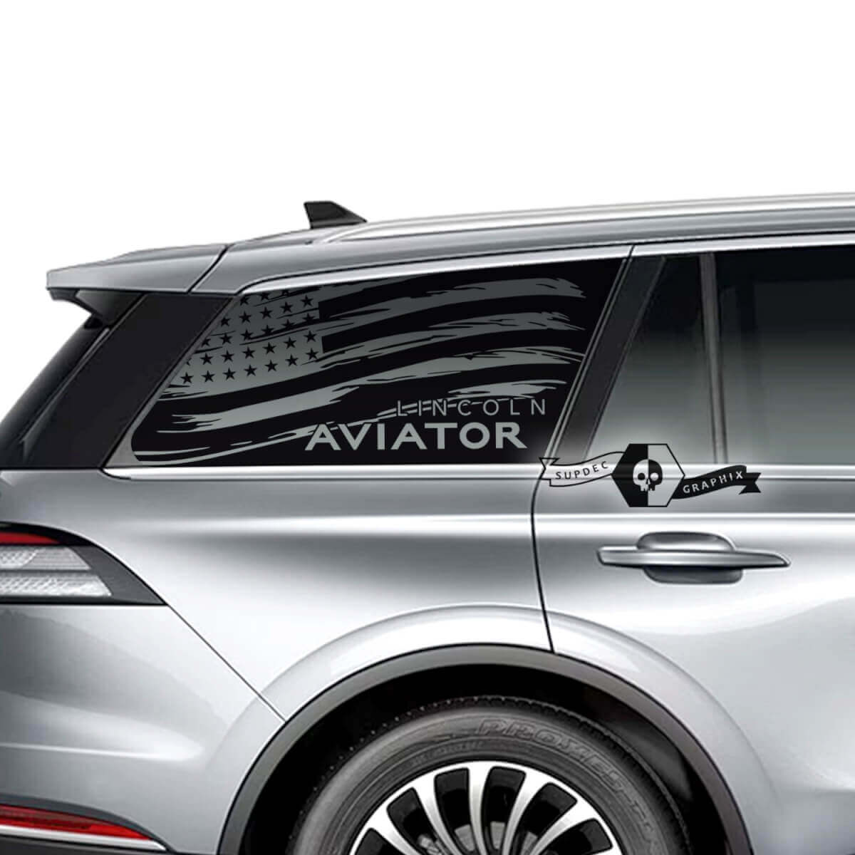2 x Lincoln 2023 Aviator Window US Flag Destroyed Logo Aviator Vinyl Decals Graphics Sticker