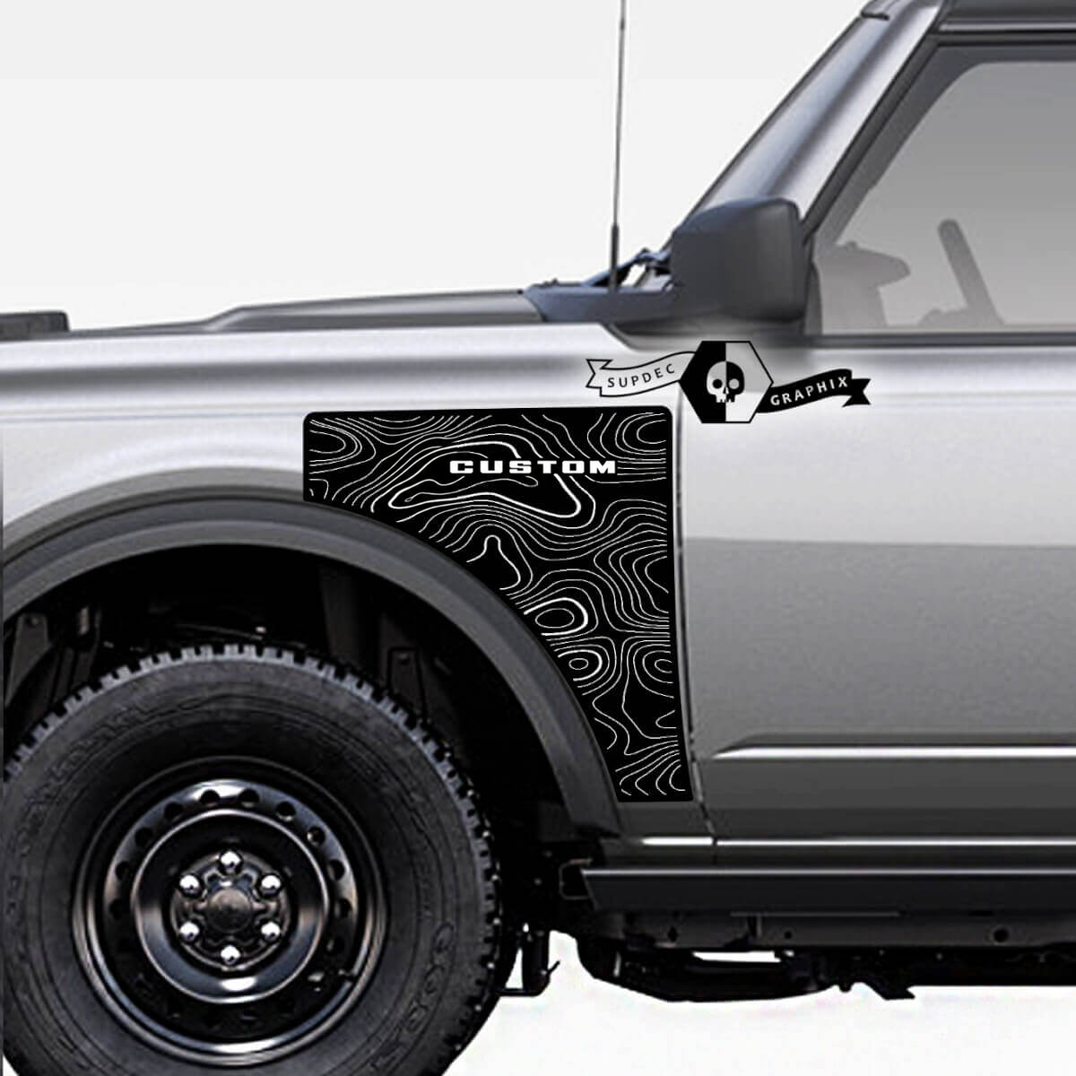 Custom Block Lettering Contour Map Front Fender Vinyl Decal Pair for Musclecar horse Badlands