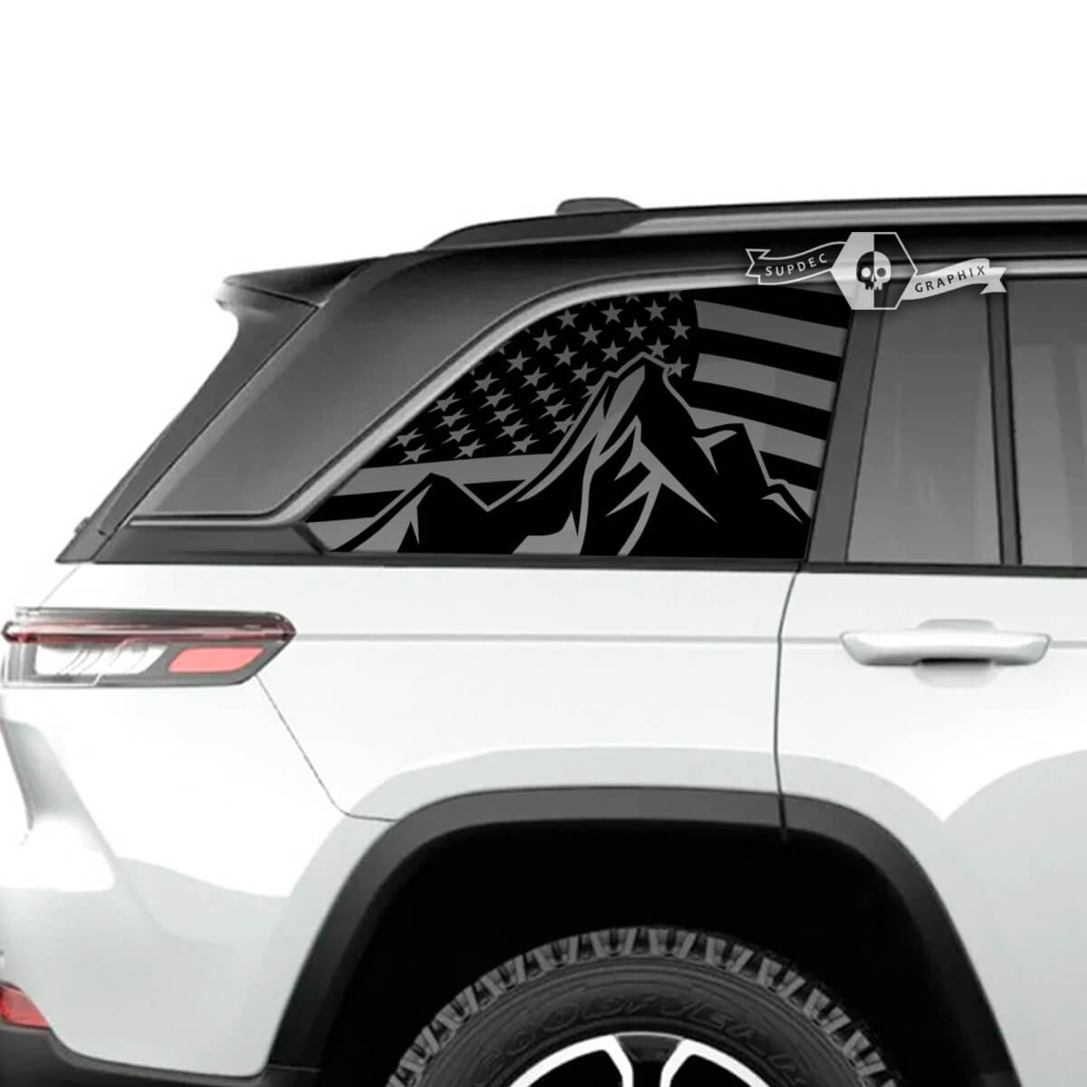 Pair Jeep Grand Cherokee SRT TrackHawk Side Glass Window USA Flag Mountain Vinyl Sticker Decal Graphic