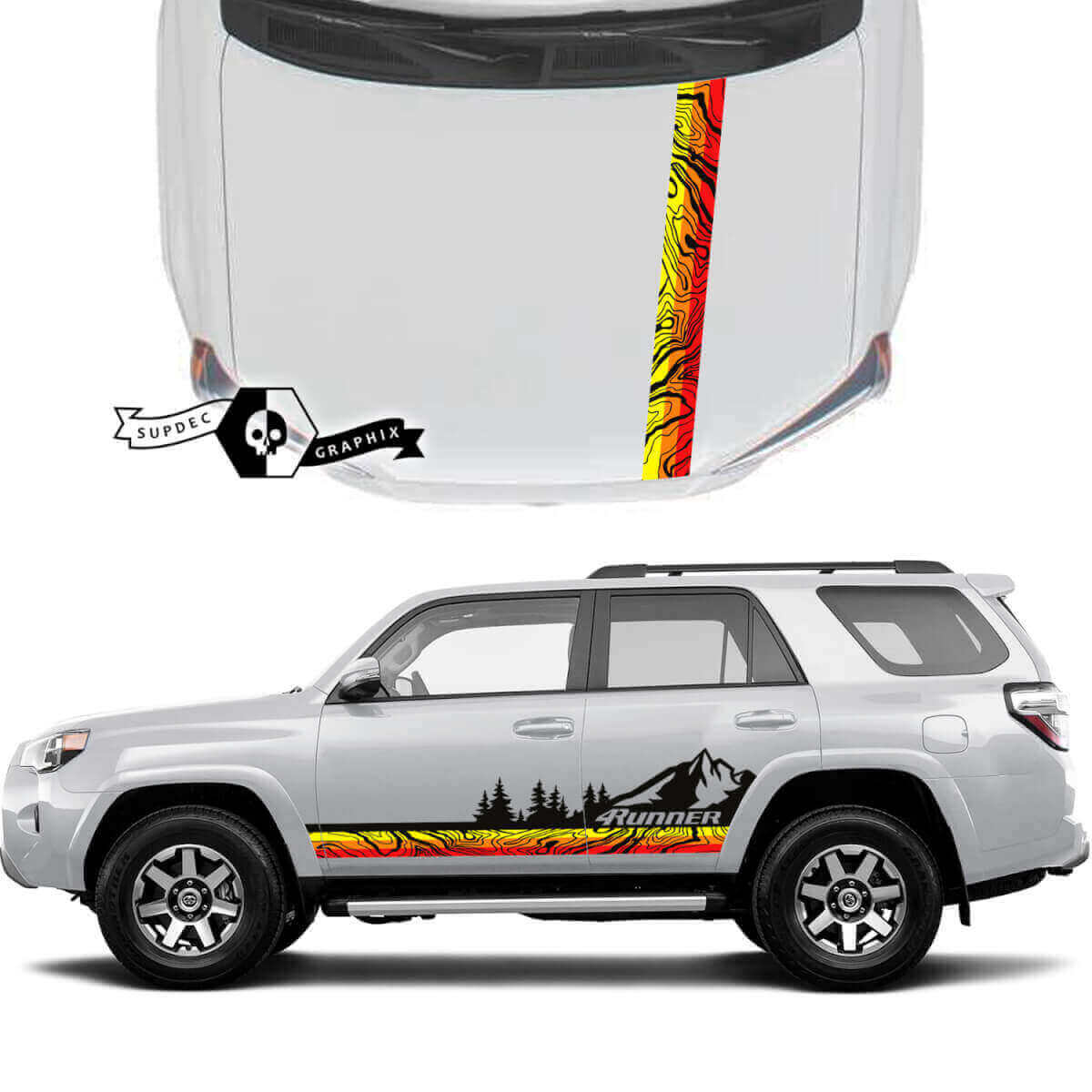 Mountains Topo Map Style Stripes Door Hood Vinyl Decals for Toyota 4Runner 2023