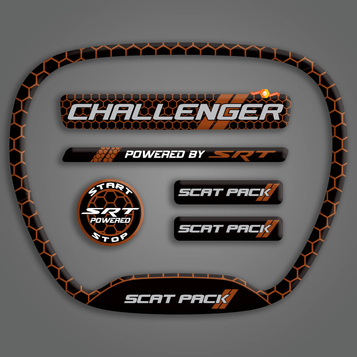 Set of Challenger SRT Scat Pack Honeycomb Orange Steering WHEEL TRIM RING emblem domed decal Charger Dodge Scatpack