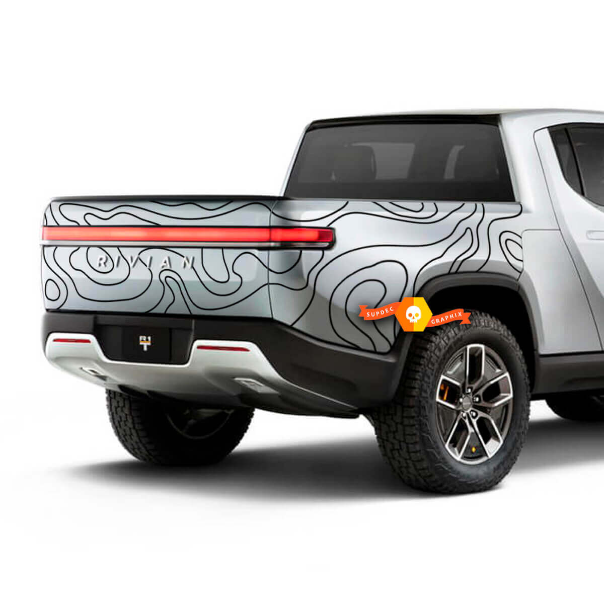 Topographic Map Stripes Rear Side Vinyl Decal For Rivian R1T