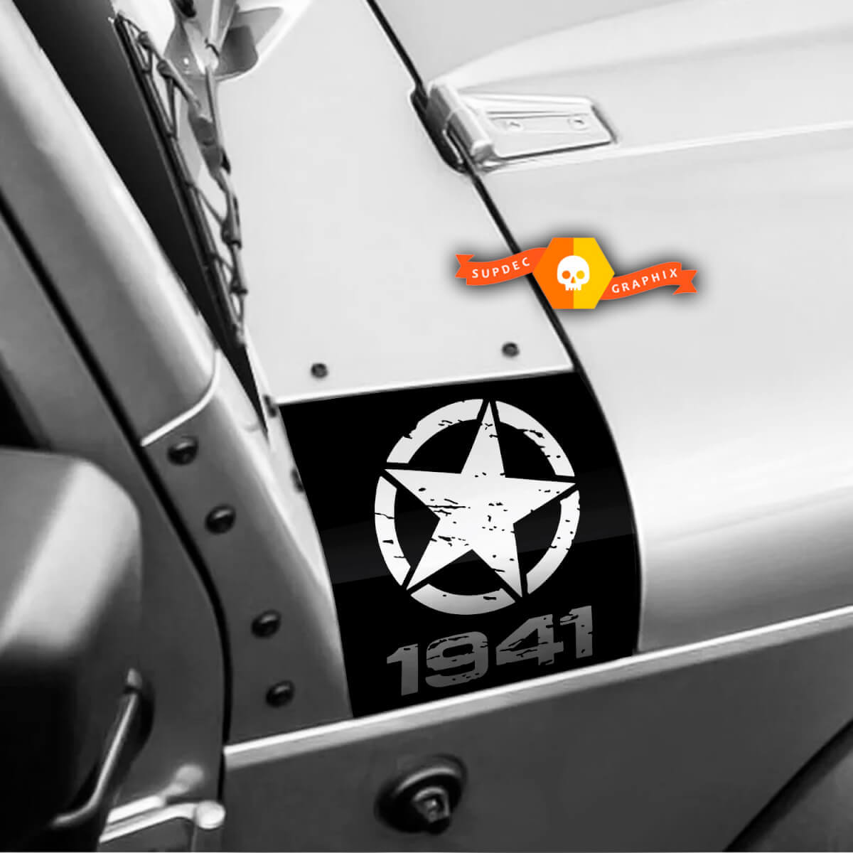 Pair 1941 Distressed Star Black Ops Oscar Mike Hood Vinyl Stickers Decal for Jeep Wrangler