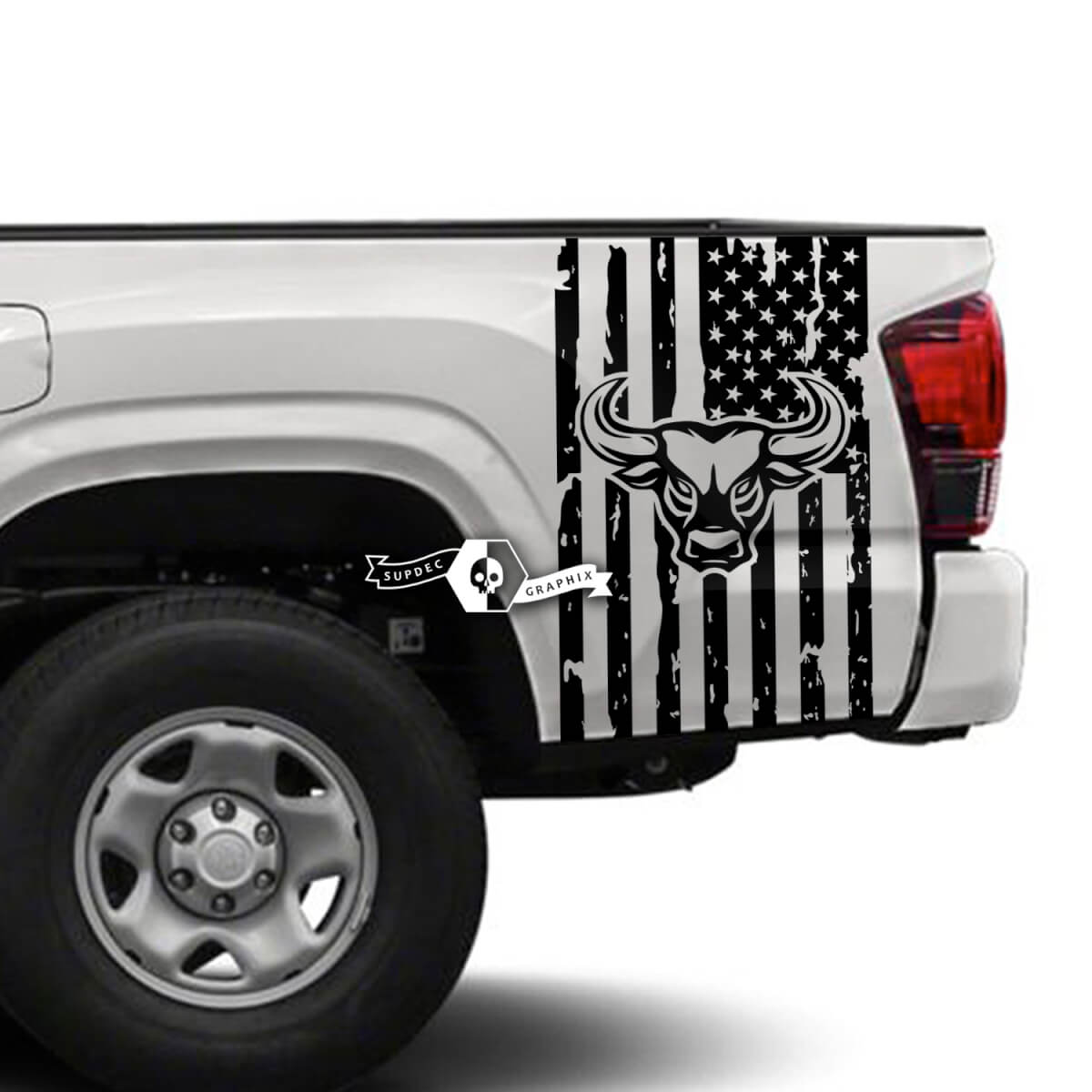 Destroyed USA Flag Bull Head Bedside Vinyl Decal Sticker for Toyota Tacoma