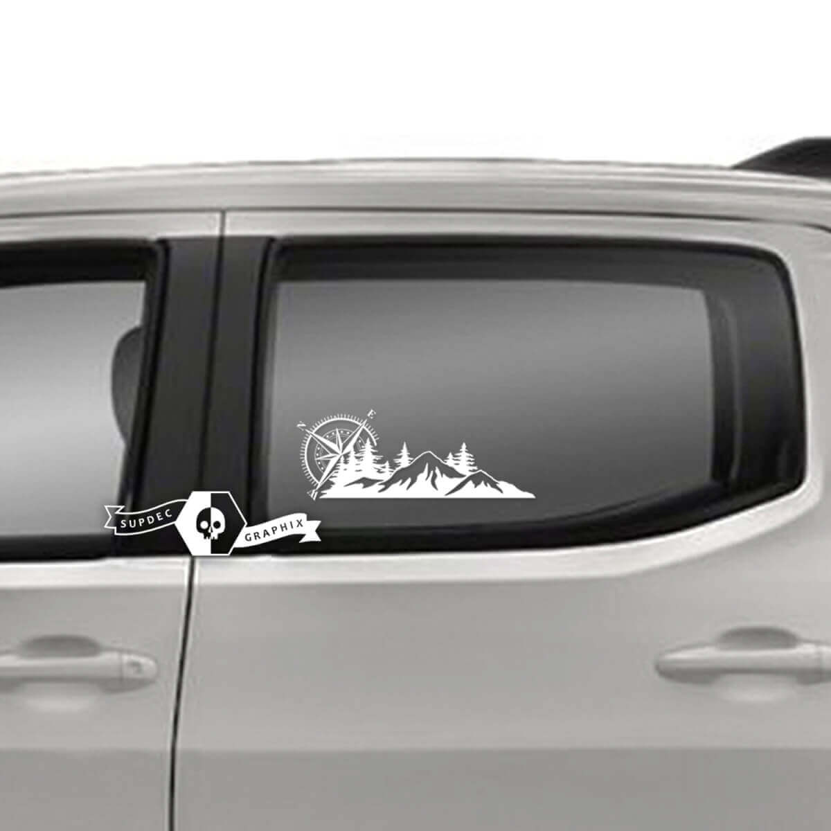 Pair Toyota Tacoma SR5 Doors Window  Mountains Forests Compass Logo Line Vinyl Decals Graphic Sticker