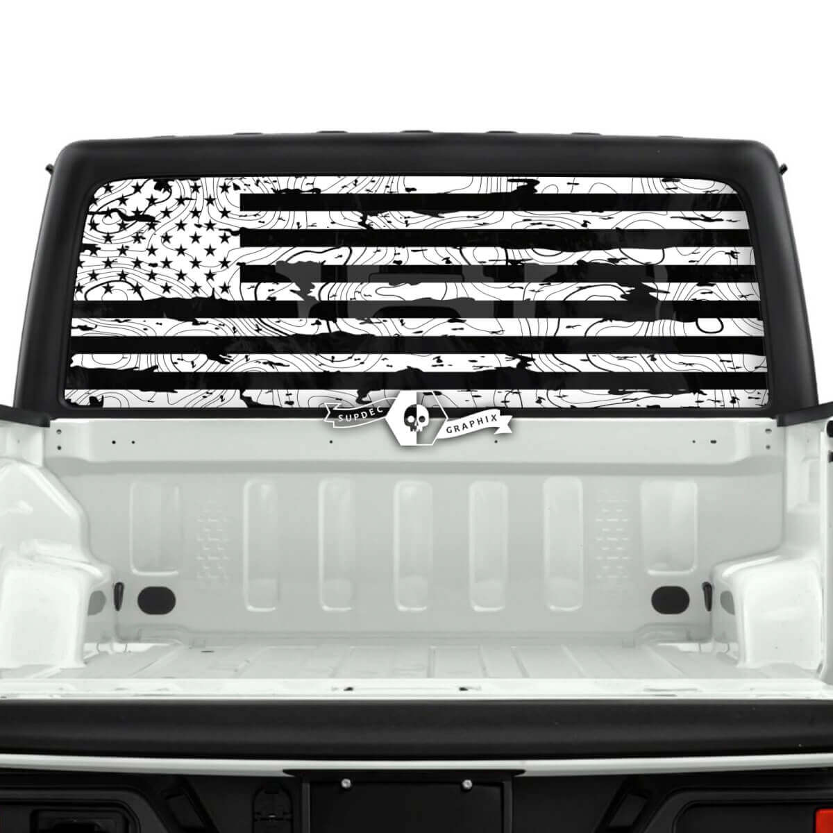 Flag USA Destroyed Topographic Map Topo Rear Window Stripe Vinyl Decals Stickers for Jeep Gladiator