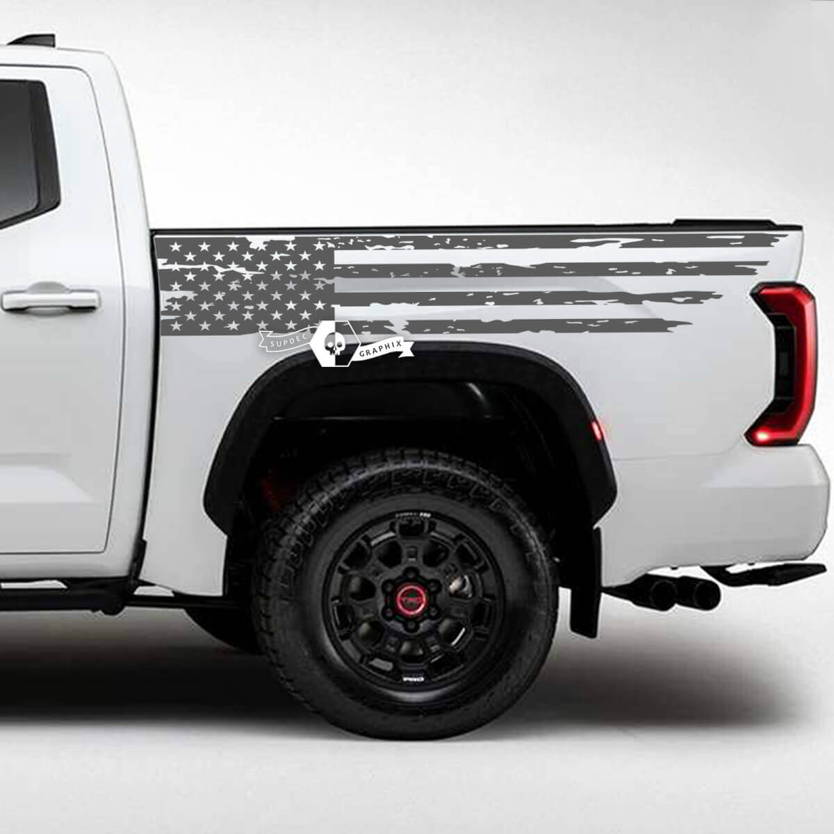 Pair Toyota Tundra Bed Side Rear Fender USA Flag Destroyed Grange Stripes Vinyl Stickers Decal