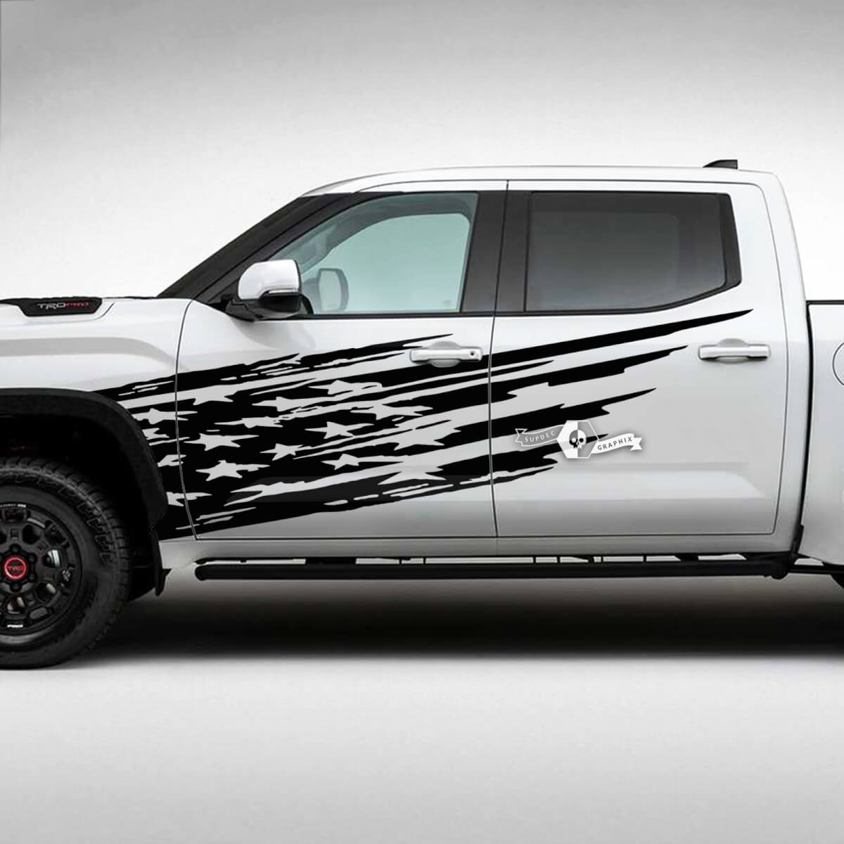 Pair Toyota Tundra Front Fender USA Flag Destroyed Grange Stripes Vinyl Stickers Decal