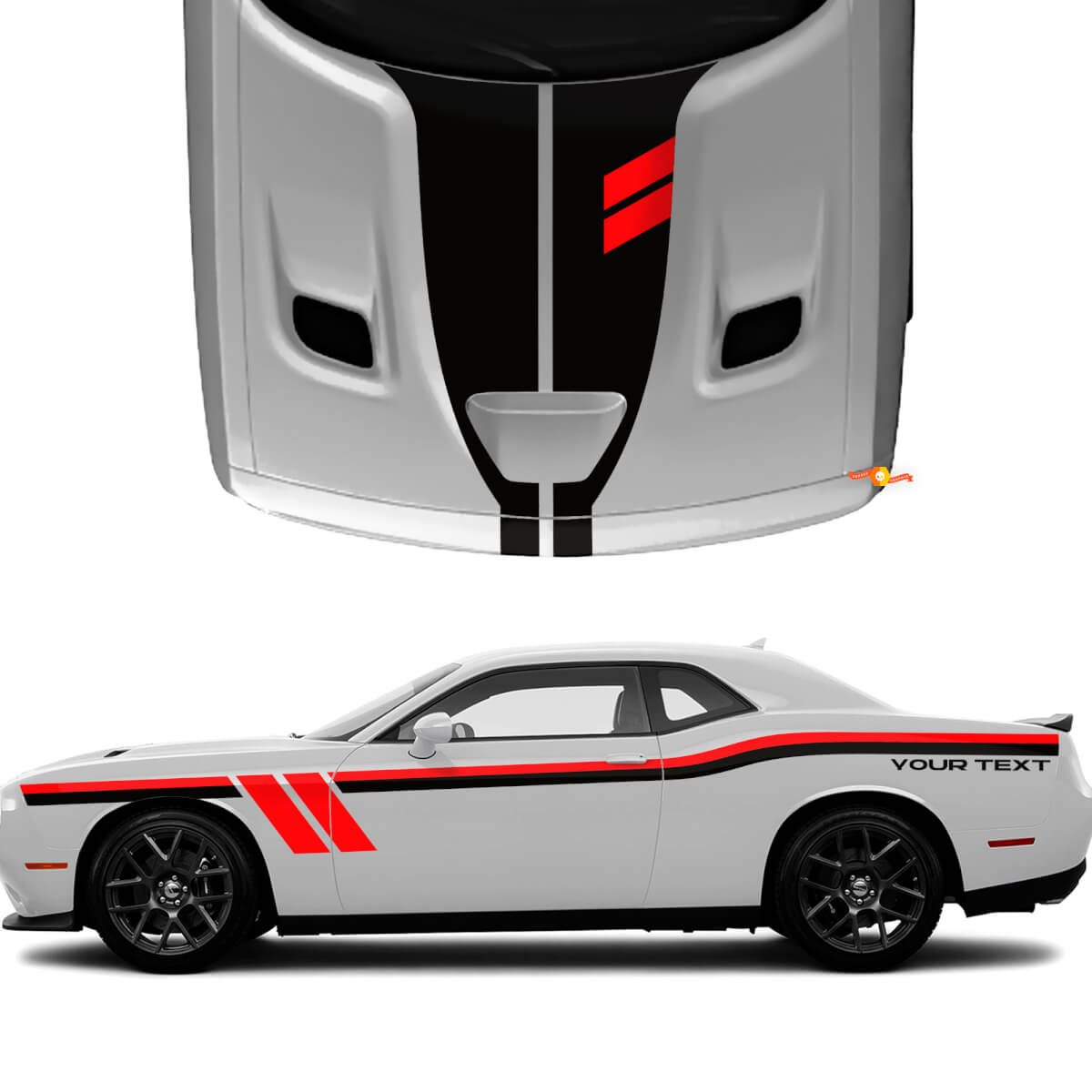 Dual Side and Hood Stripes with Custom Text Vinyl Decals Kit for Dodge Challenger