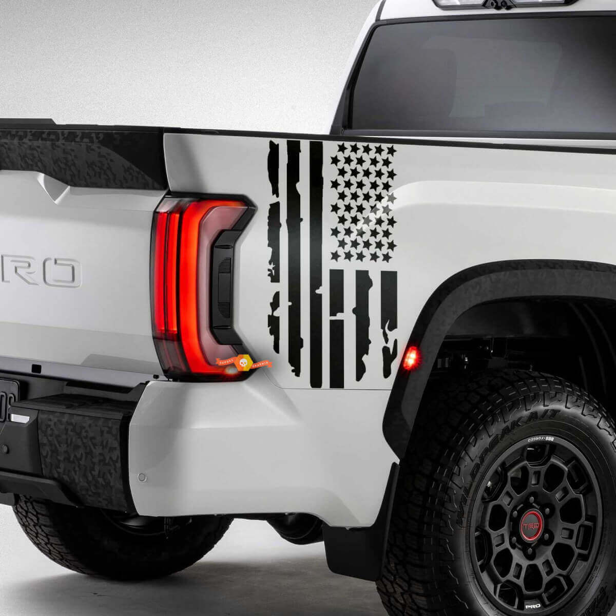 Pair Toyota Tundra Bed Side Rear Fender Destroyed Grange USA Flag Logo Stripes Vinyl Stickers Decal 2