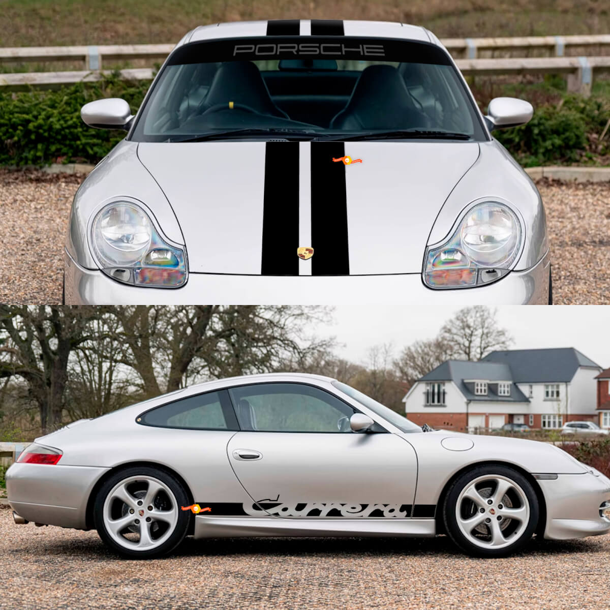 Porsche 911 Carrera Dual Central Stripes Retro Hood Side Windshield Decal Sticker Kit