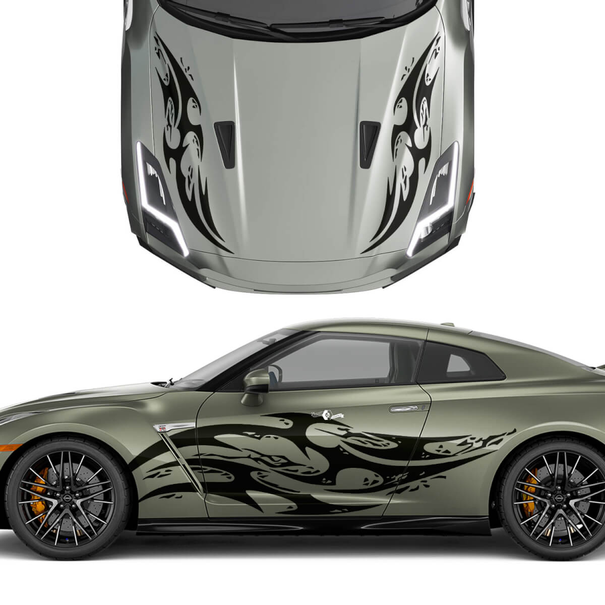 Hood and Sides Dual Tribal Tattoo Graphics Stripes Decal Kit for Nissan GT-R