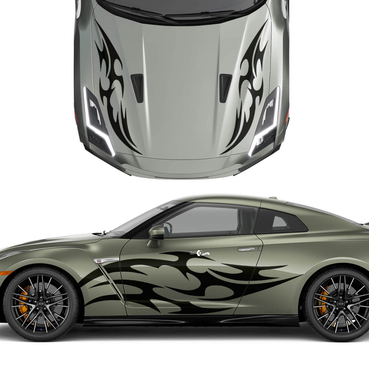 Hood and Sides Dual Tribal Tattoo Graphics Stripes Decal Kit for Nissan GT-R 2