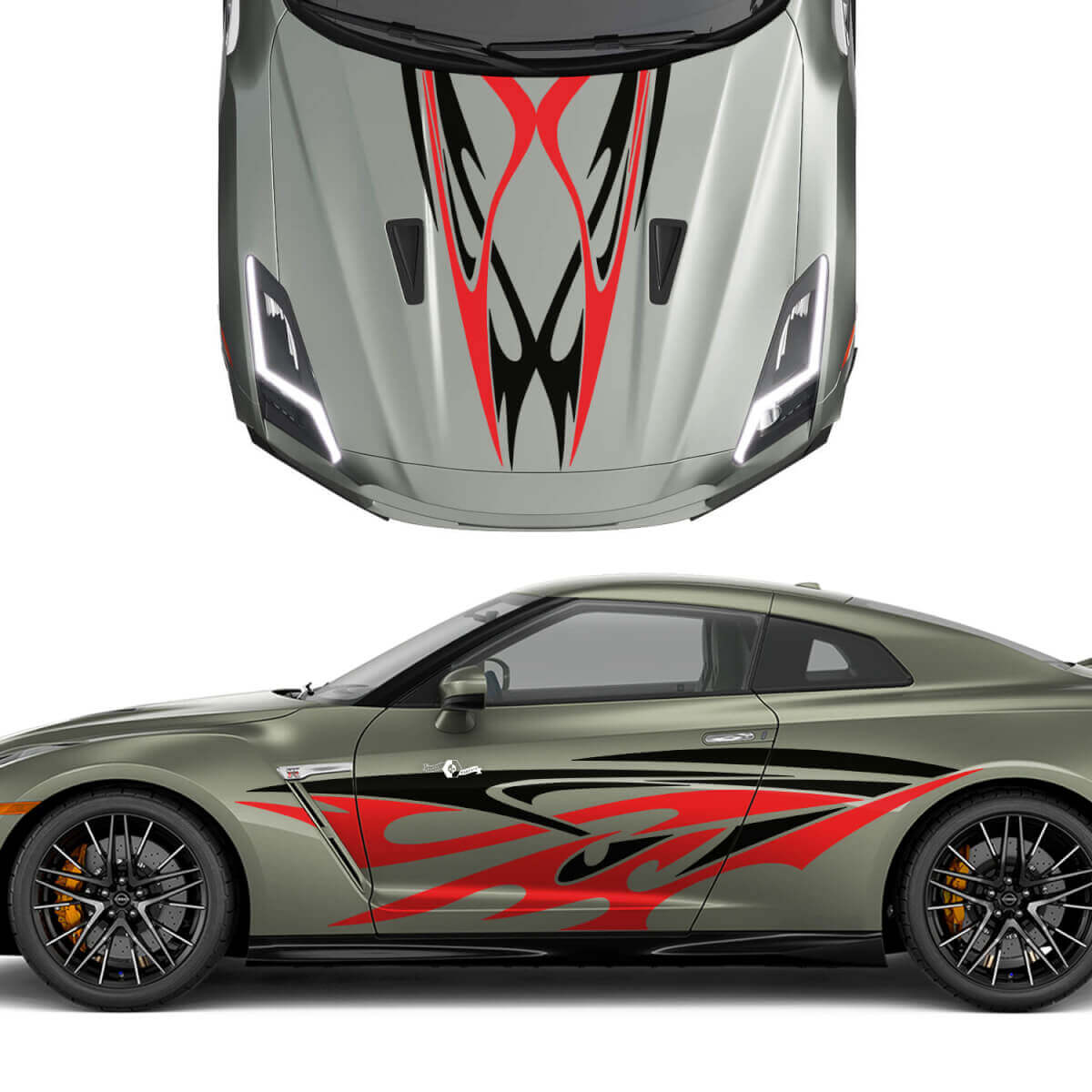 Hood and Sides Dual Tribal Tattoo Graphics Stripes Decal Kit for Nissan GT-R 3