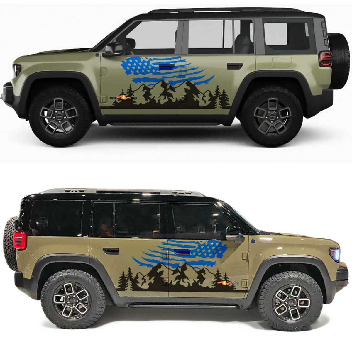 Mountains and Trees US Flag Side Doors Vinyl Decal for Jeep Recon 