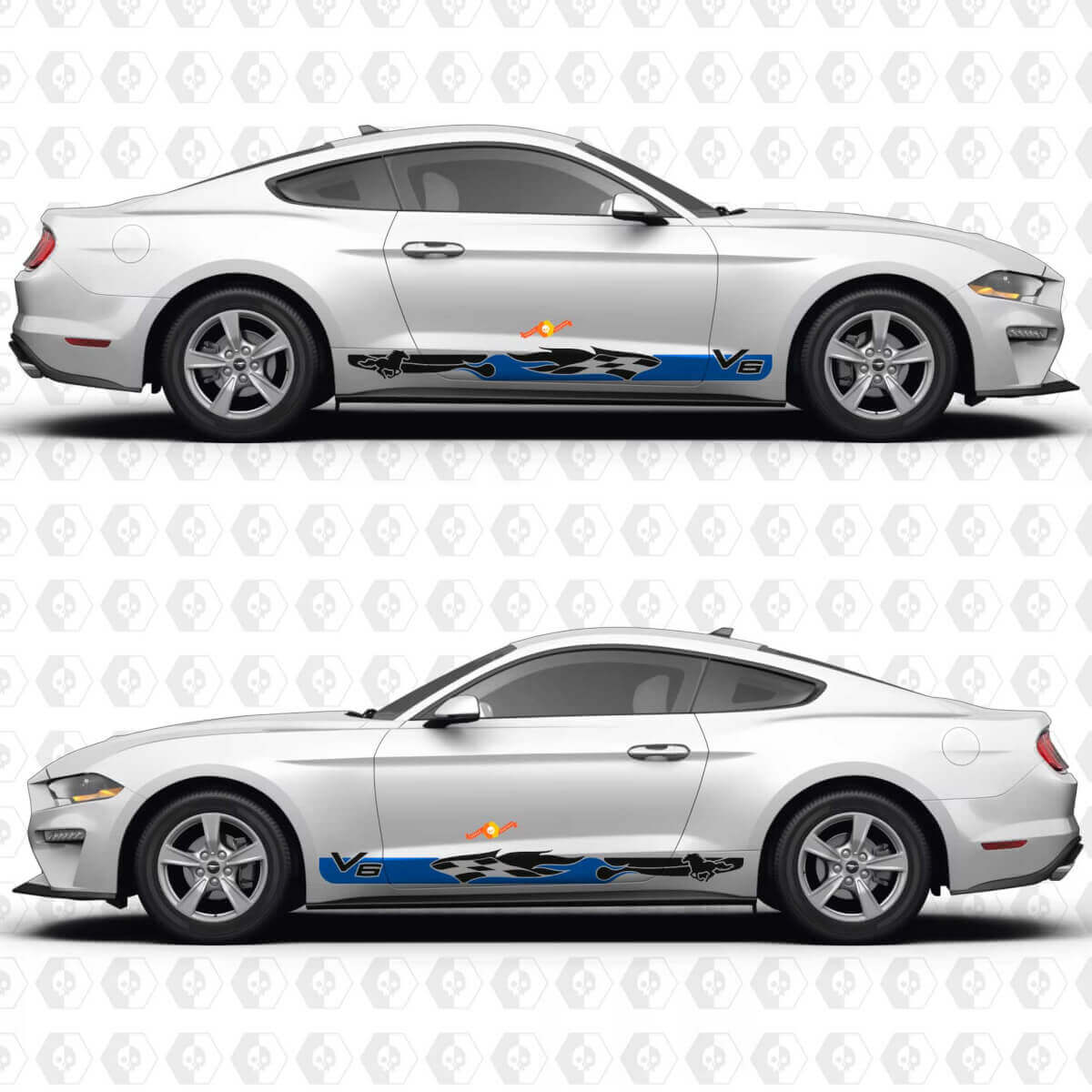 V6 Mustang Checkered Flag Flame Inspired Side Door Rocker Panel Vinyl Decals Stickers for Ford Mustang