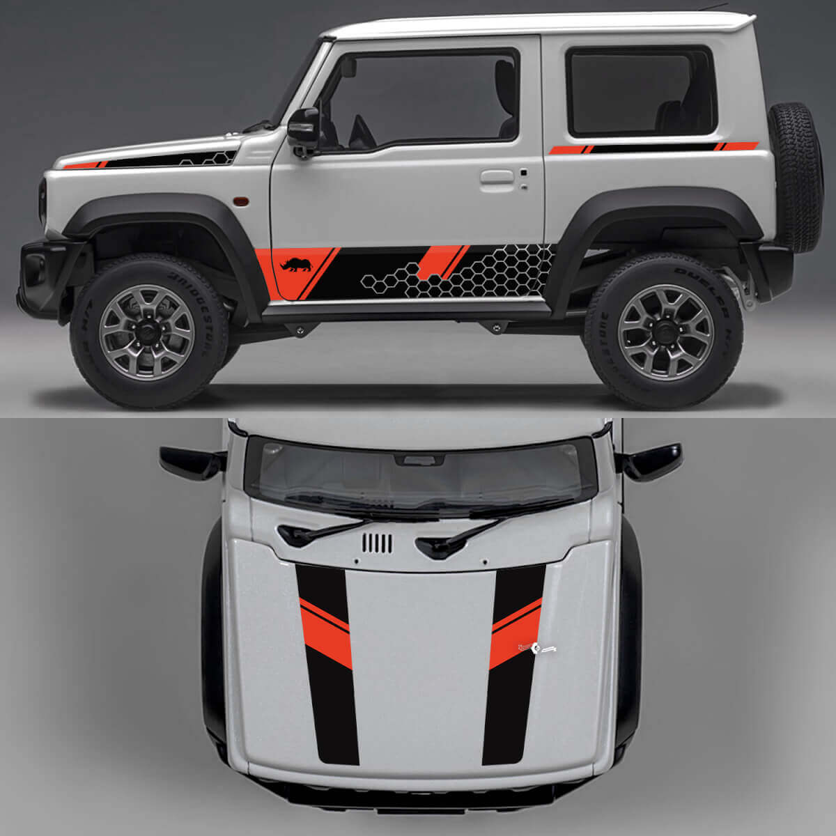  Rhino Edition Honeycombs Abstract Lines Graphic Side Doors and Hood Vinyl Decals 2 for Suzuki Jimny