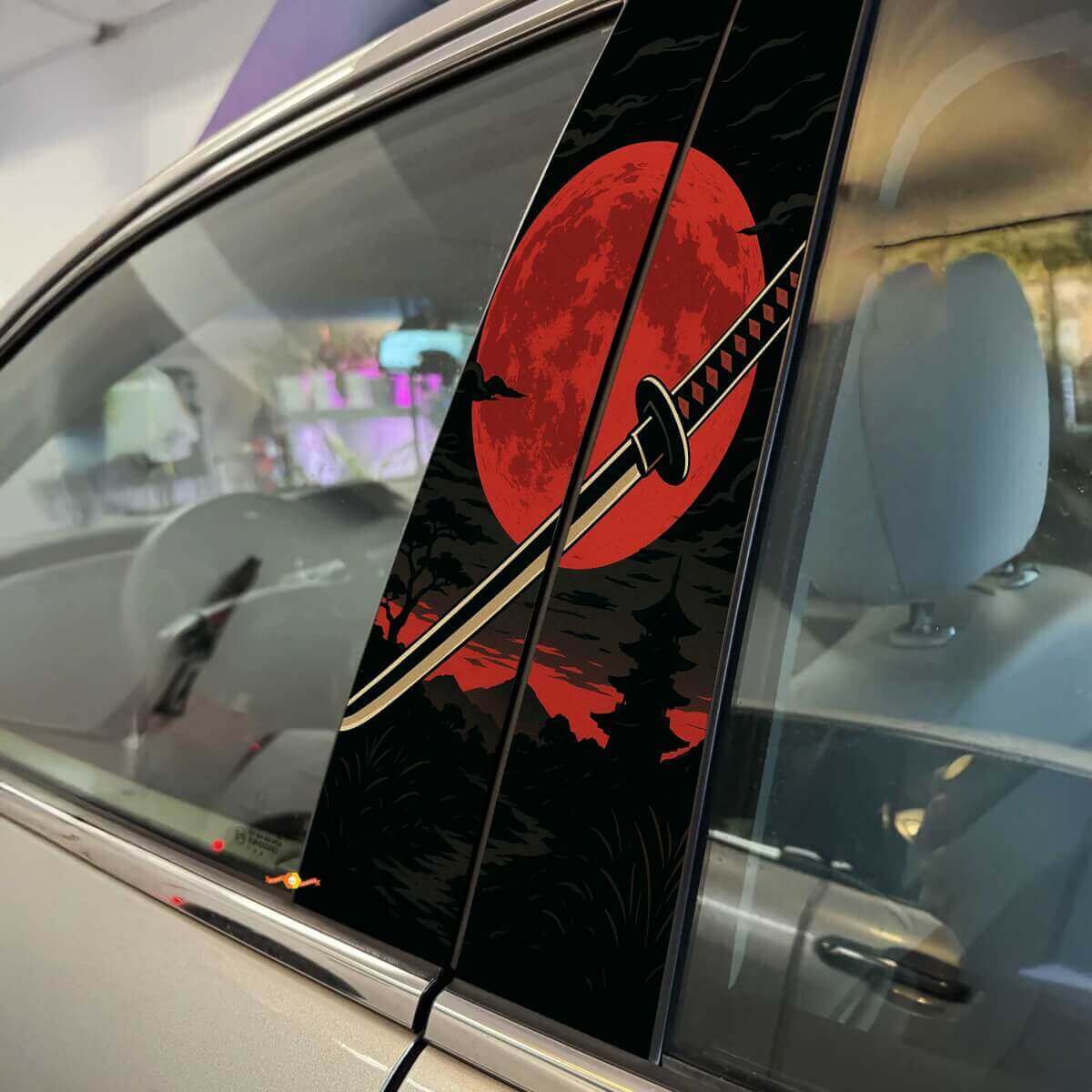 Japanese Katana Red Moon Car Pillar Door Vinyl Decal Kit