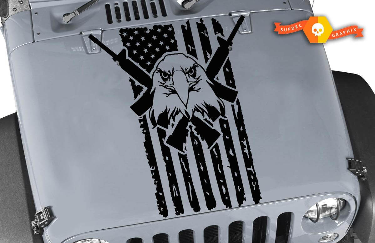 Distressed USA Flag Bald Eagle Crossed Rifles Hood Vinyl Decal for Jeep Wrangler
