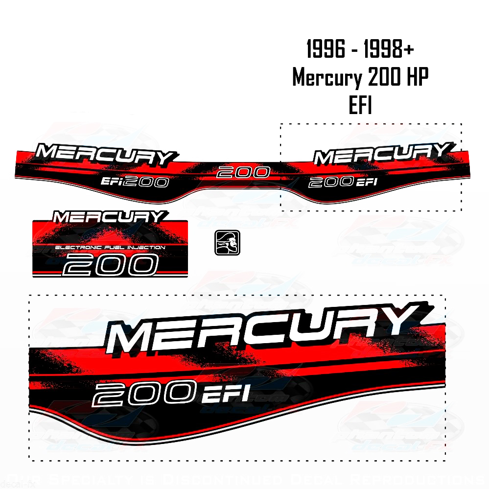 1996-1998 + Mercury 200HP EFI Decalcomania Set di riproduzione fuoribordo 3 pezzi Vinyl 1997