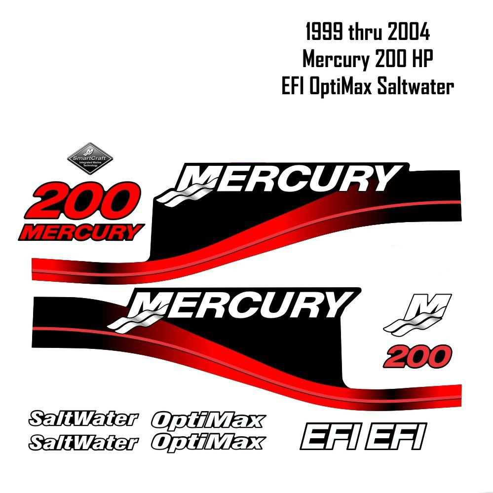 1999-2004 Mercury 200HP Red Decalcomanie EFI Optimax Saltwater 15pc Repro Outboard Vinyl Sticker Kit Decalcomanie
