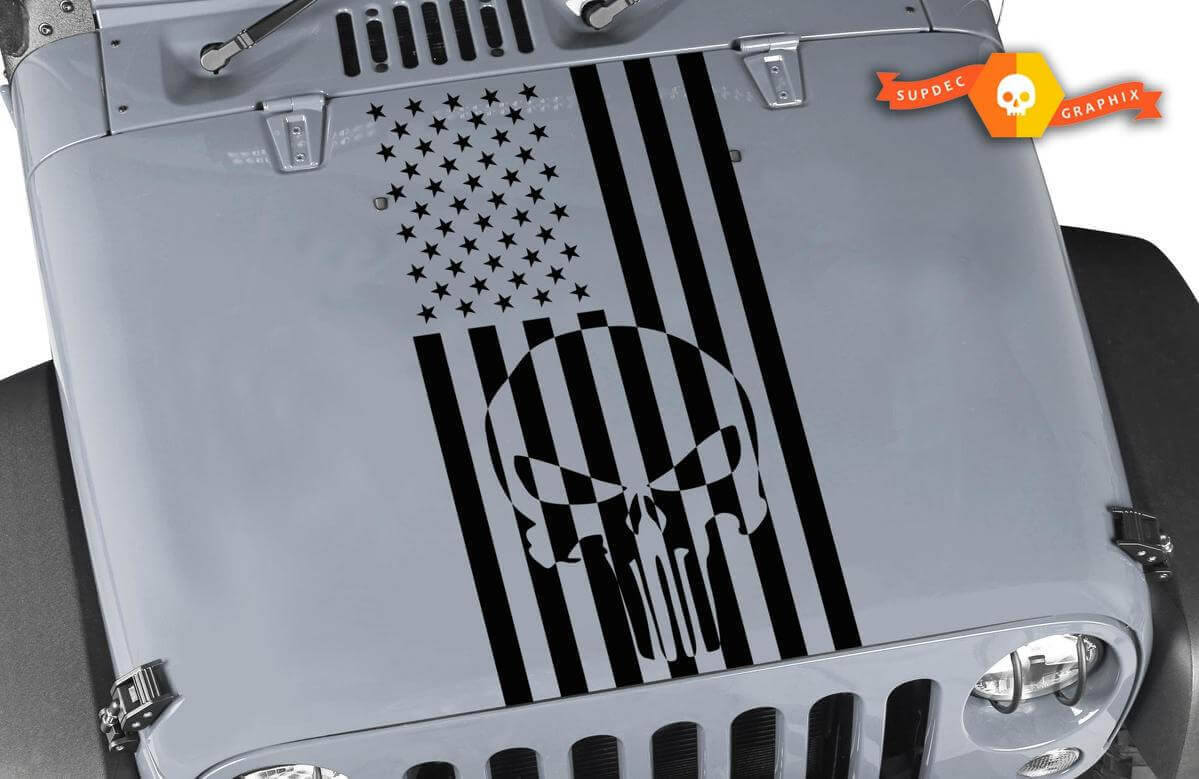 Punisher Skull USA Flag Hood Vinyl Decal for Jeep Wrangler