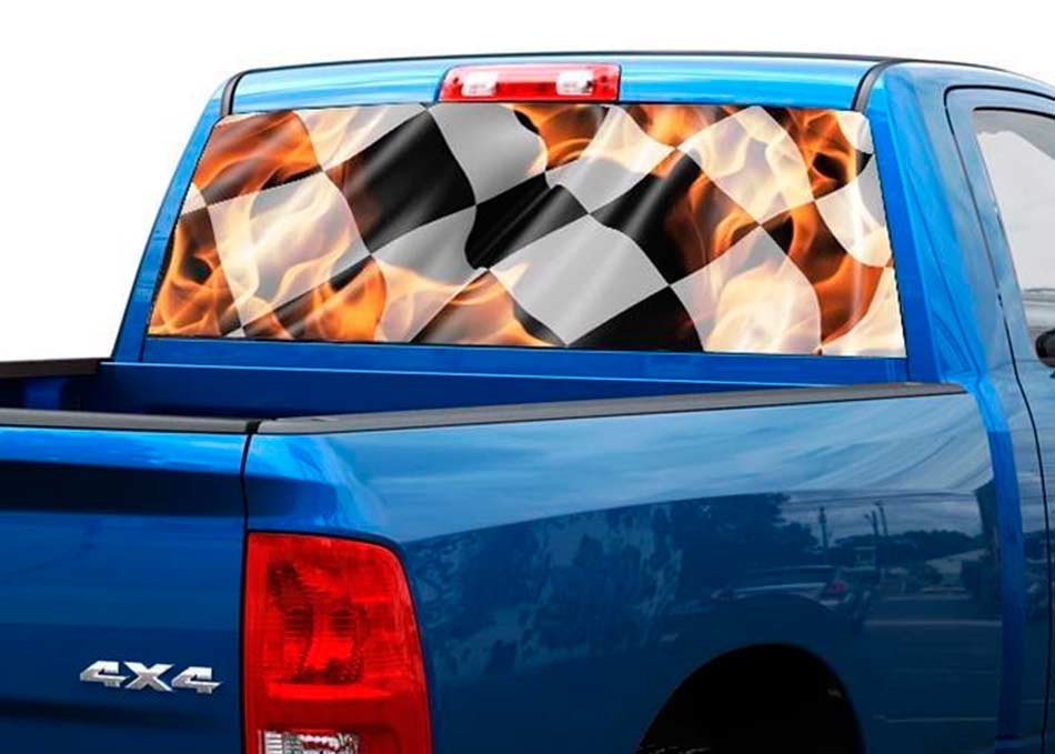Checkered flag in flame Rear Window Graphic Decal Sticker Truck SUV