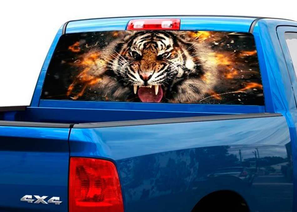Flaming Tiger Rear Window Graphic Perforated Vinyl Decal for Truck SUV
