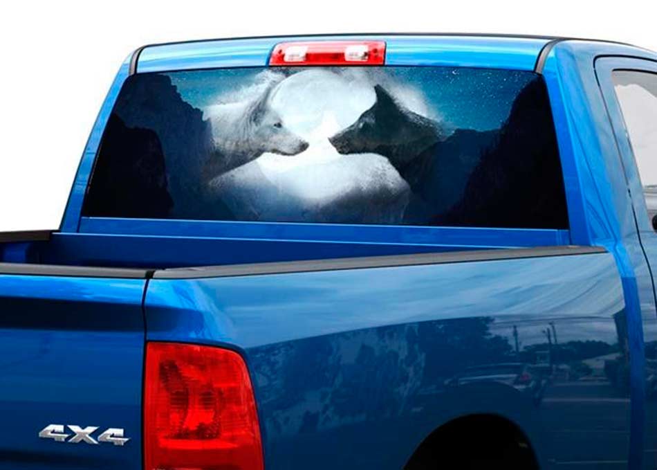 Wolf black and white on the moon Rear Window Decal Sticker Pick-up Truck SUV 2