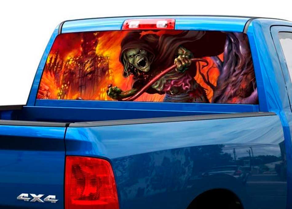 Skull green death in flame Rear Window Decal Sticker Pickup Truck SUV Car