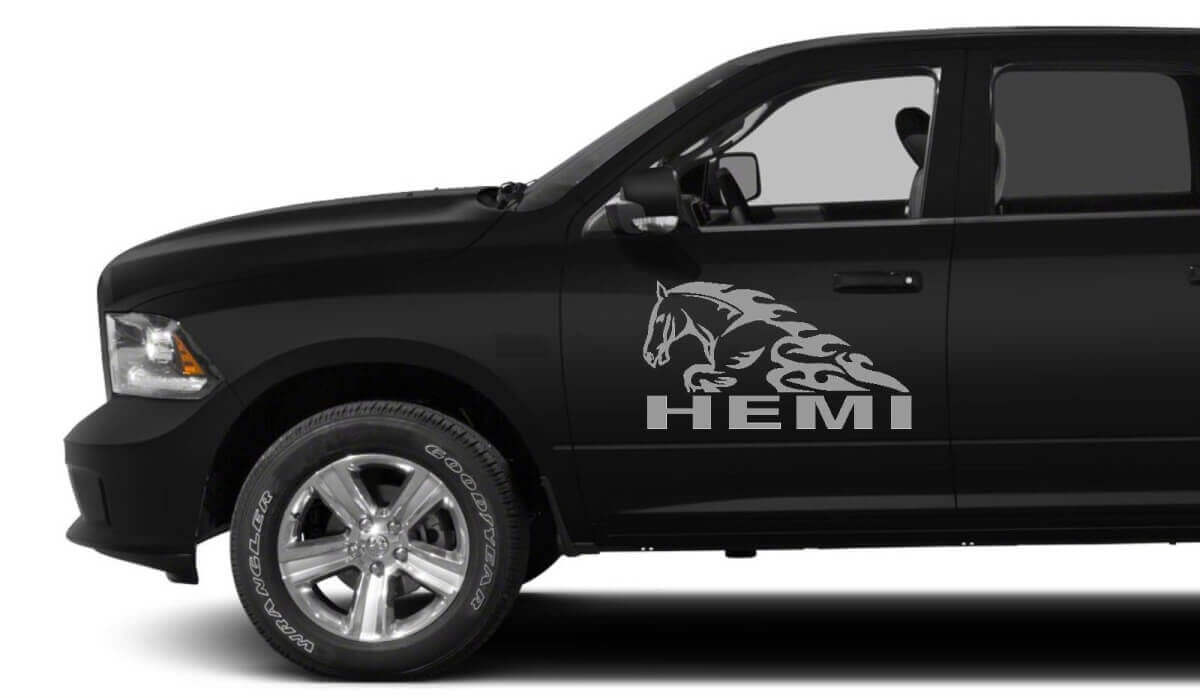 Horse in Flame Hemi Style Door Vinyl Decal Set for Dodge Ram 1500