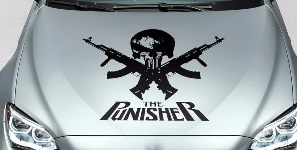 Punisher Skull Crossed Guns Hood Vinyl Decal Sticker for Cars