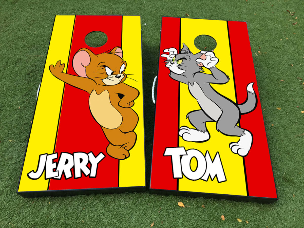 Tom and Jerry Cartoon Cornhole Board Vinyl Wrap Decal Set with Matte Laminate